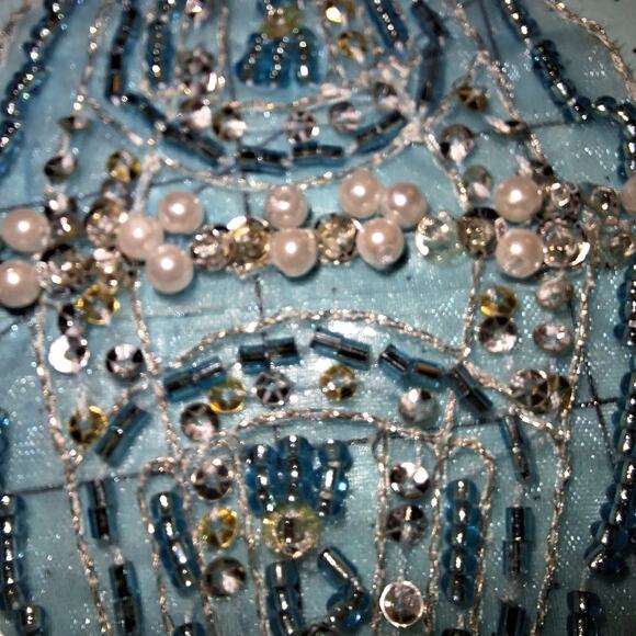 Bead and sequin applique aqua silver faux pearl set of 2 - Picture 3 of 4